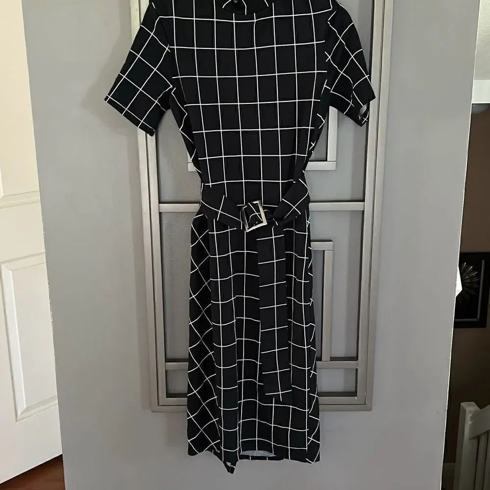 Zara black and white classy Check fitted stretch  dress knit mock turtleneck ￼si